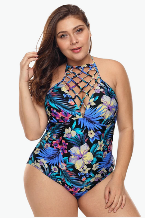 Floral Blue One Piece Plus Size Swimsuit