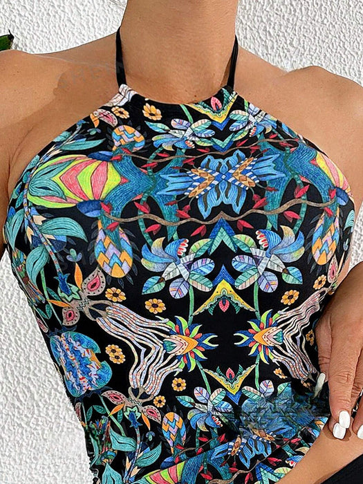 Casual Printed Drawstring Swimsuit