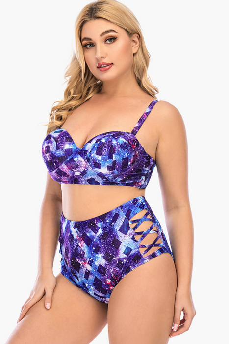 Galaxy Print High Coverage Two Piece Plus Size Swimsuit
