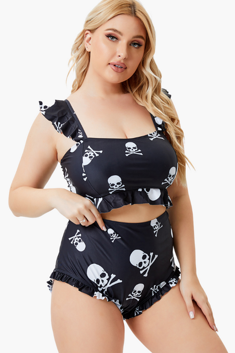 V-Neck Front Cross Strap Two Piece Plus Size Swimsuit