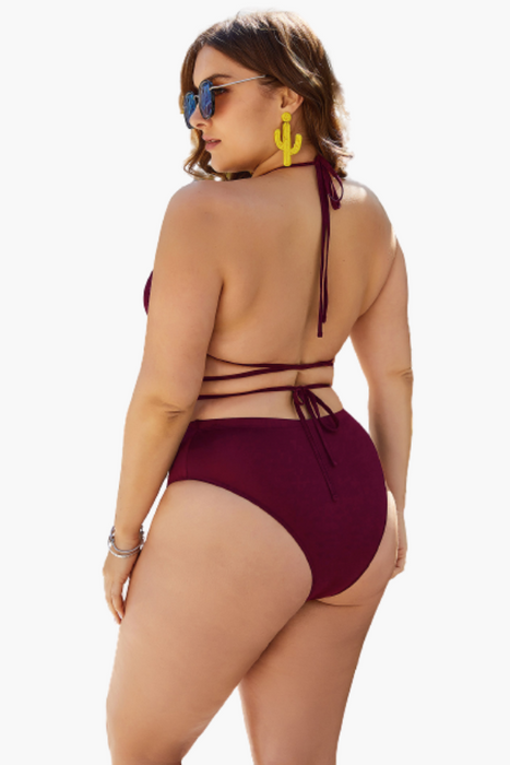 Red Tie-up Cutout Two Piece Plus Size Swimsuit