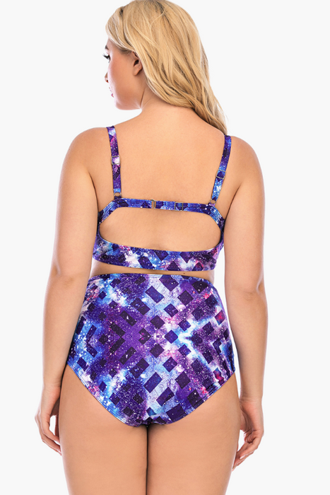 Galaxy Print High Coverage Two Piece Plus Size Swimsuit