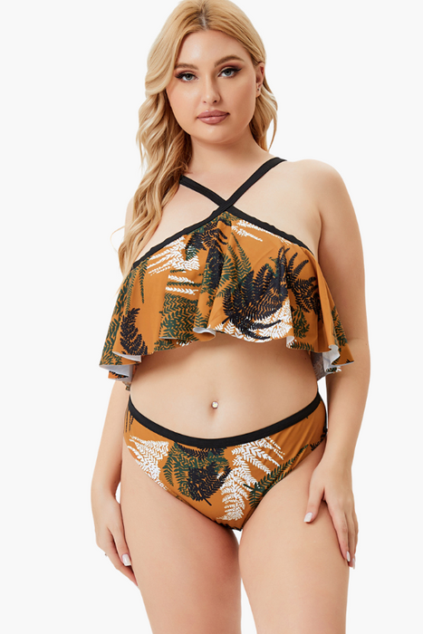 Flounce Top Leaf Printed Two Piece Plus Size Swimsuit