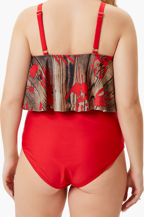Flounce Wood Print Red Color Two Piece Plus Size Swimsuit