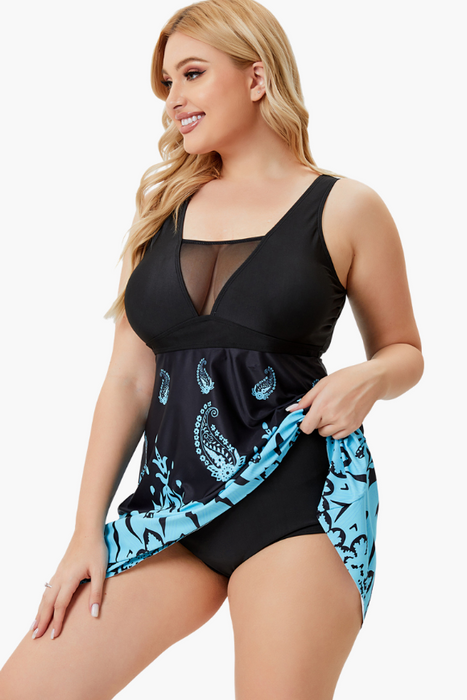 V-Neck Front Lace Two Piece Plus Size Swimsuit