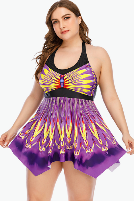 Purple Butterfly Two Piece Tankini Plus Size Swimsuit