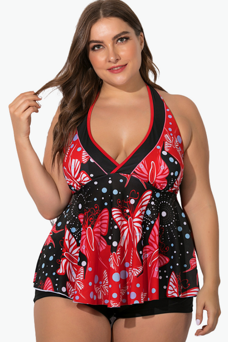 Red & Black Two Piece Tankini Plus Size Swimsuit