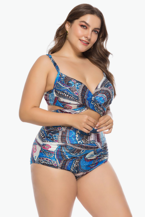 Blue Aztec Pattern Two Piece Plus Size Swimsuit