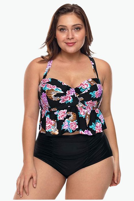 Black Floral Print Two Piece Plus Size Swimsuit