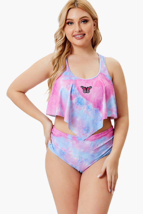 Scoop Neck Flounce Catchy Color Two Piece Plus Size Swimsuit