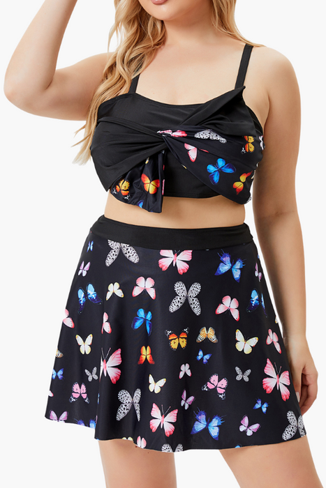 Skirt Bottom Butterfly Print Black Two Piece Plus Size Swimsuit