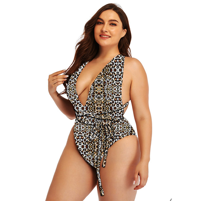 Leopard-Print Sexy Plus-Size Strappy One-Piece Bikini