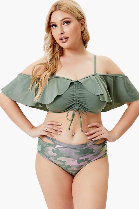 Off Shoulder Ruffled Two Piece Plus Size Swimsuit