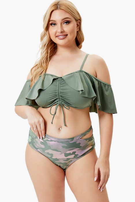 Off Shoulder Ruffled Two Piece Plus Size Swimsuit