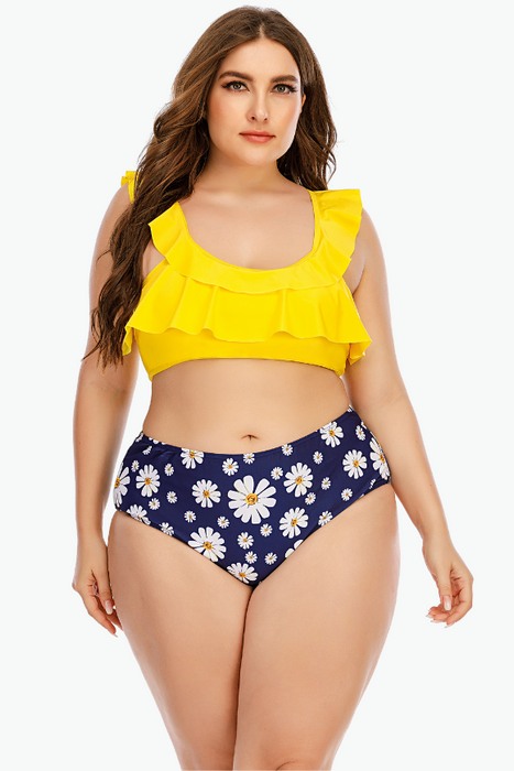 Yellow Navy Floral Two Piece Plus Size Swimsuit