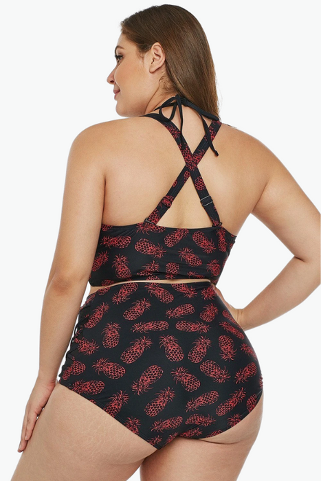 Printed Halter Mesh Two Piece Plus Size Swimsuit