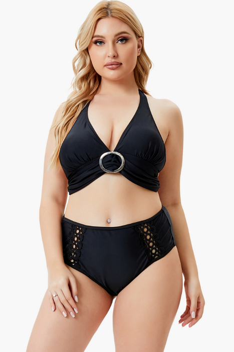 V-Neck Halter With Lace Hipster Two Piece Plus Size Swimsuit