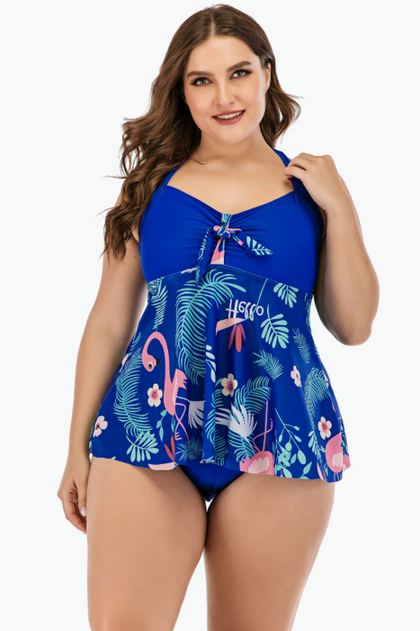 Blue Tropical Two Piece Tankini Plus Size Swimsuit