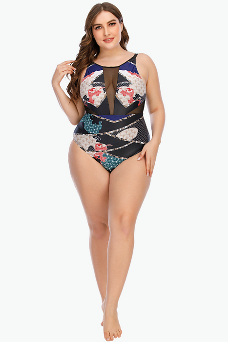 Blue Deep Cut One Piece Plus Size Swimsuit