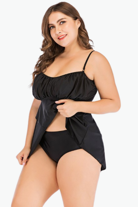 Black Ruched Two Piece Tankini Plus Size Swimsuit