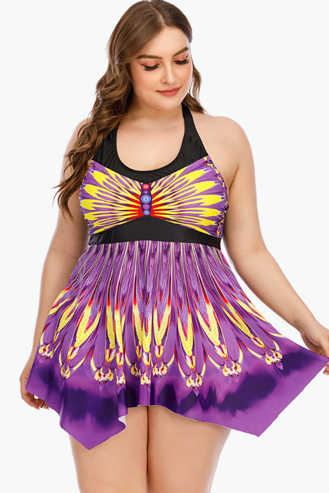 Purple Butterfly Two Piece Tankini Plus Size Swimsuit