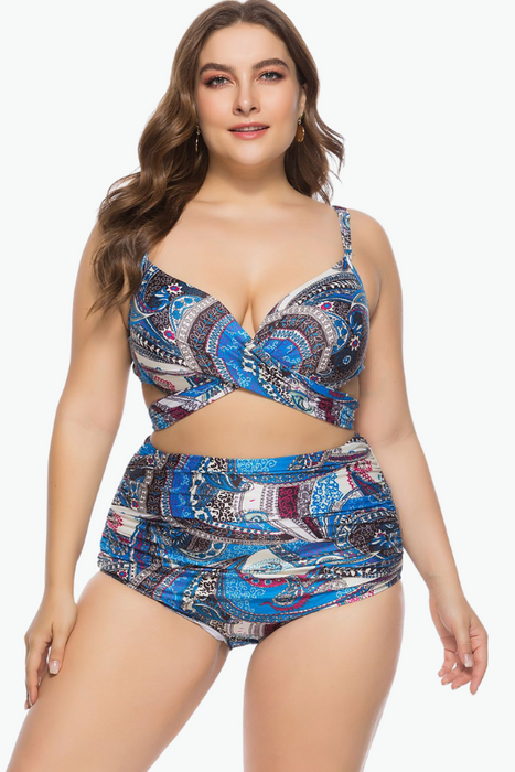 Blue Aztec Pattern Two Piece Plus Size Swimsuit