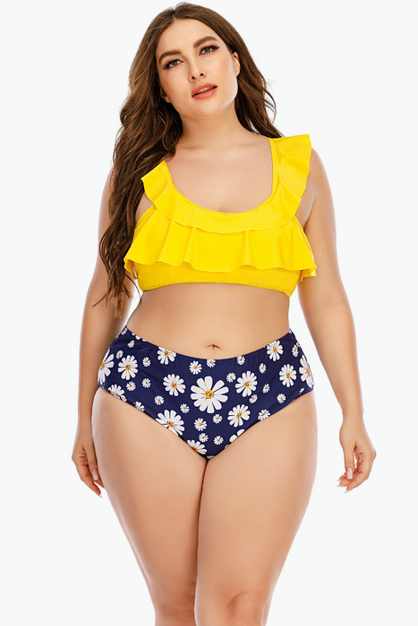 Yellow Navy Floral Two Piece Plus Size Swimsuit