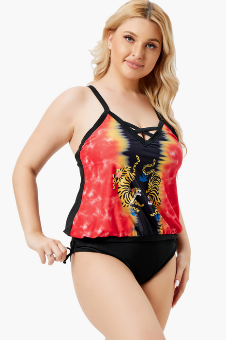Red Tigers Front Cross Strap Two Piece Plus Size Swimsuit
