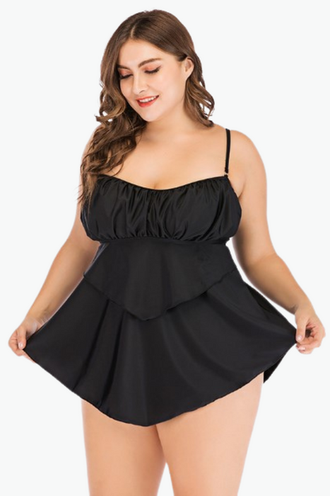 Black Ruched Two Piece Tankini Plus Size Swimsuit