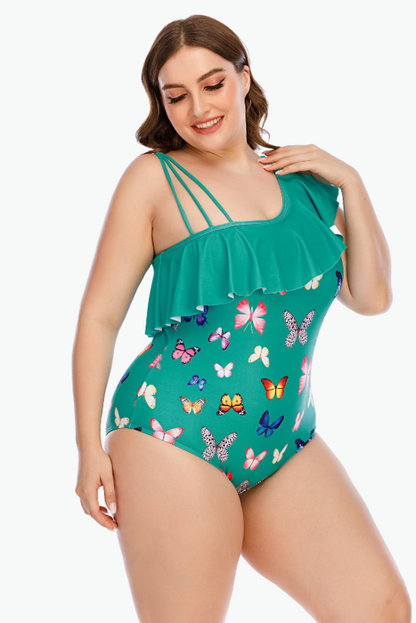 Green One Shoulder One Piece Plus Size Swimsuit