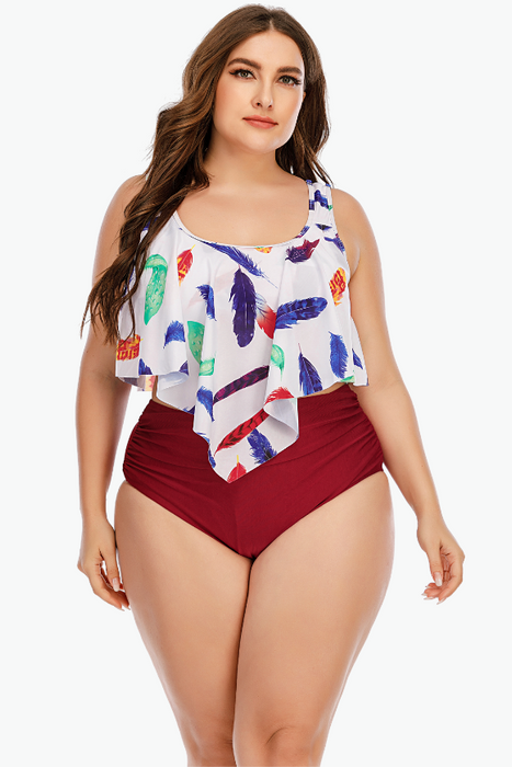 Colored Feathers Two Piece Tankini Plus Size Swimsuit