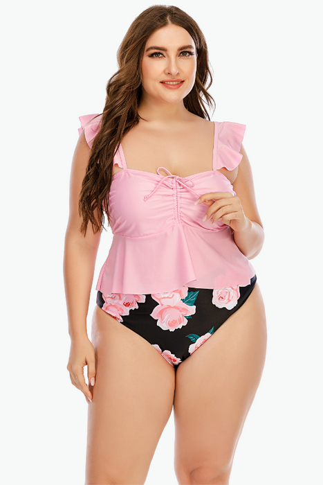 Pink Rose Two Piece Tankini Plus Size Swimsuit