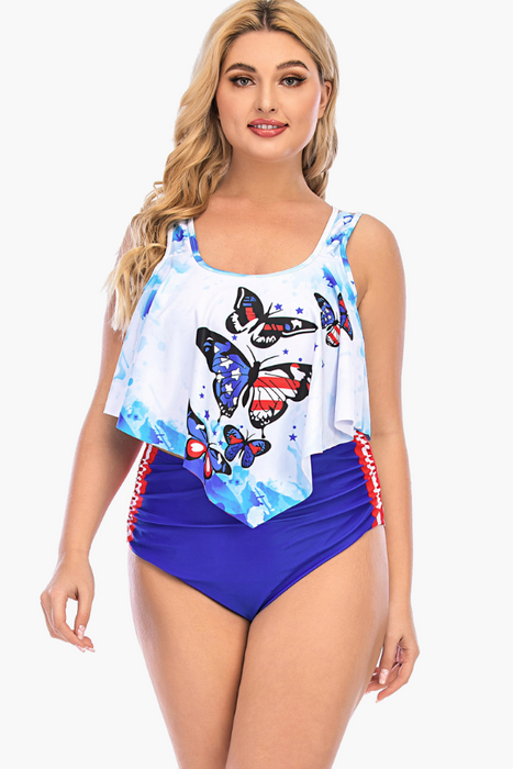 Scoop Neck Butterfly Print Two Piece Plus Size Swimsuit