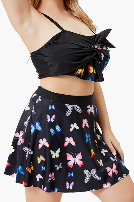 Skirt Bottom Butterfly Print Black Two Piece Plus Size Swimsuit
