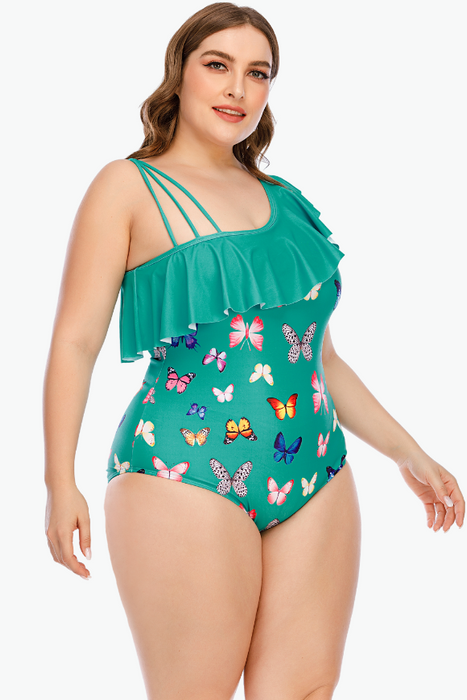 Green One Shoulder One Piece Plus Size Swimsuit