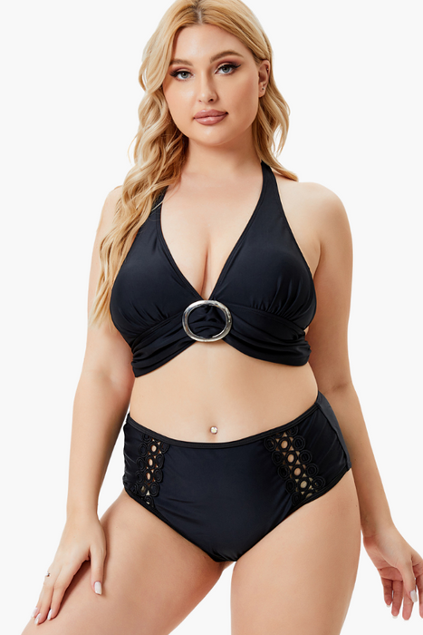 V-Neck Halter With Lace Hipster Two Piece Plus Size Swimsuit