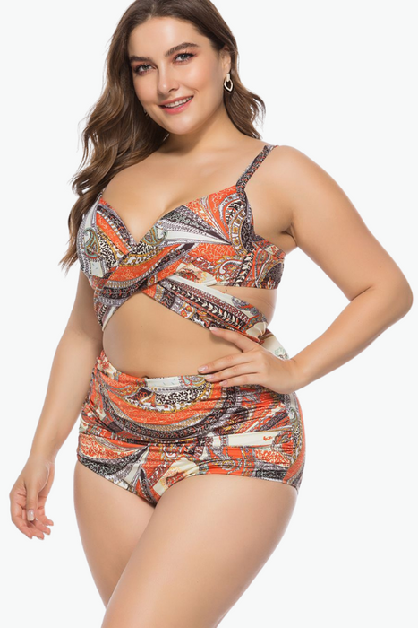 Orange Aztec Pattern Two Piece Plus Size Swimsuit