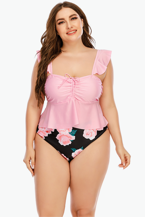 Pink Rose Two Piece Tankini Plus Size Swimsuit