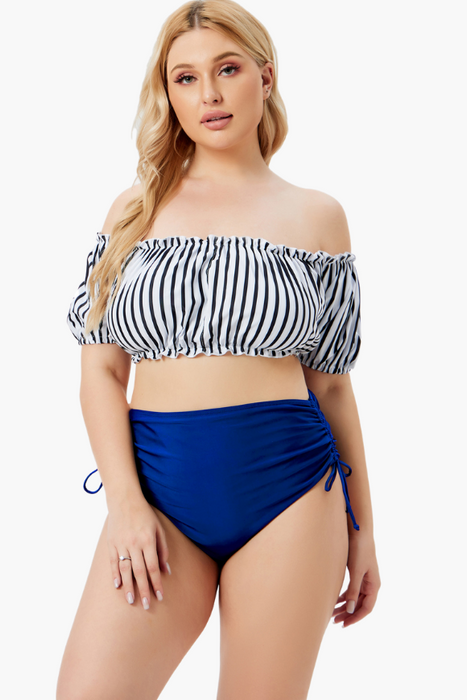 Bardot Neckline With Puffed Sleeves Two Piece Plus Size Swimsuit