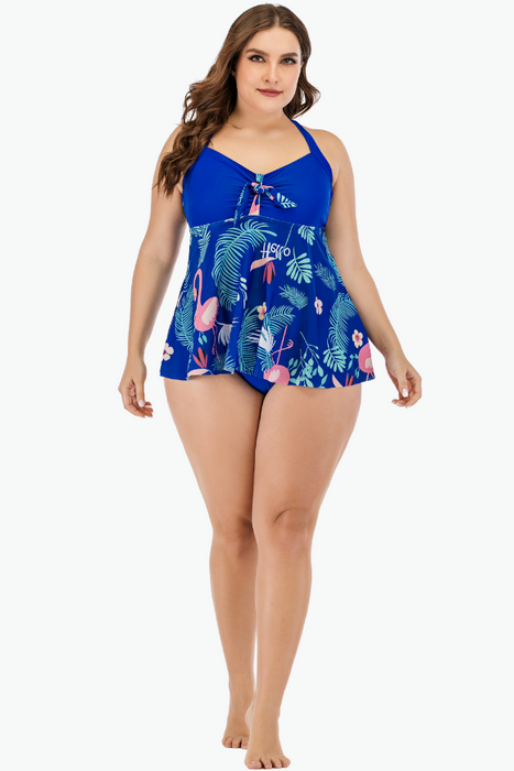 Blue Tropical Two Piece Tankini Plus Size Swimsuit