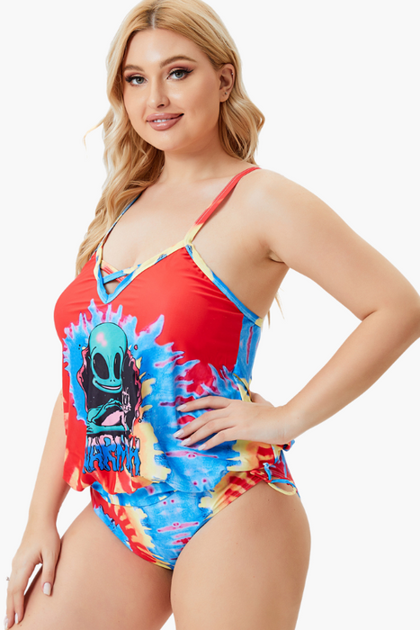 V-Neck Front Cross Strap Two Piece Plus Size Swimsuit