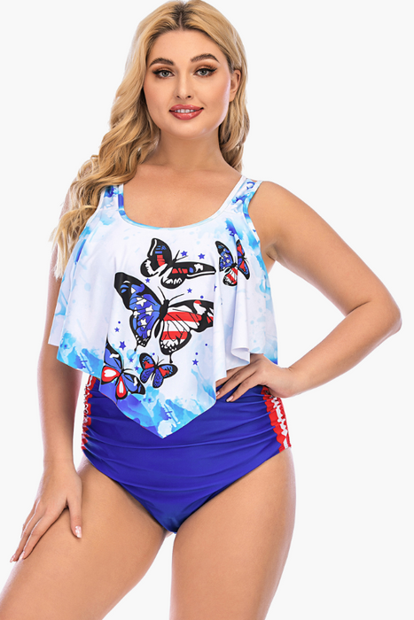 Scoop Neck Butterfly Print Two Piece Plus Size Swimsuit