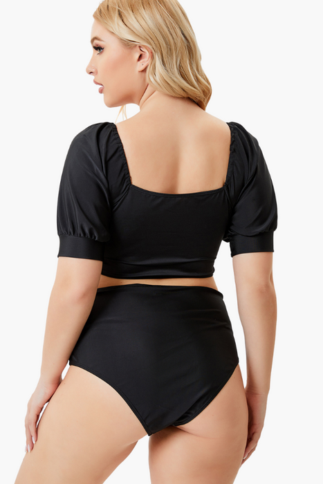 Puffed Sleeves Sweetheart Neck Two Piece Plus Size Swimsuit