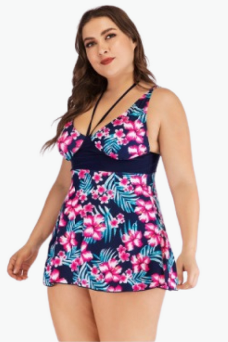 Floral Tie-up Two Piece Tankini Plus Size Swimsuit