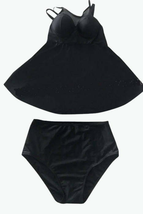 Black Mesh Halter Two Piece Tankini Plus Size Swimsuit