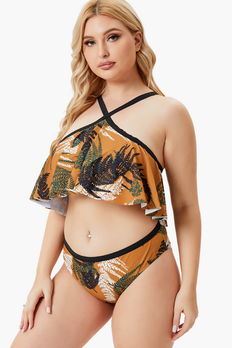 Flounce Top Leaf Printed Two Piece Plus Size Swimsuit