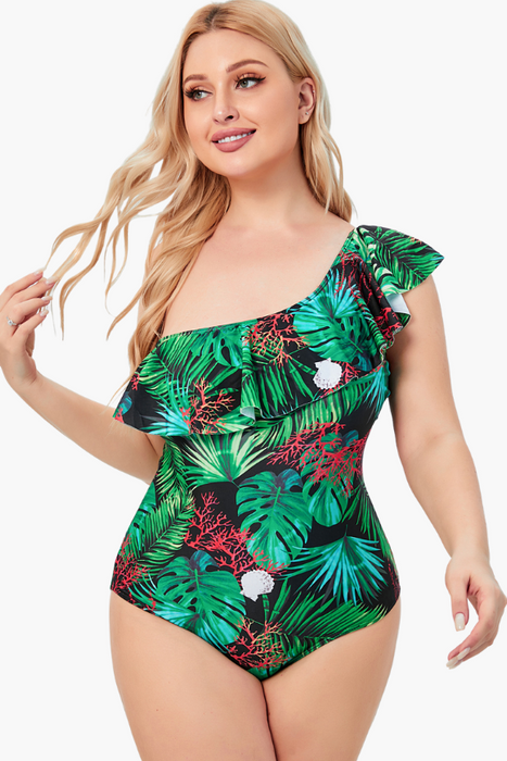 Ruffle One Shoulder Two Piece Plus Size Swimsuit