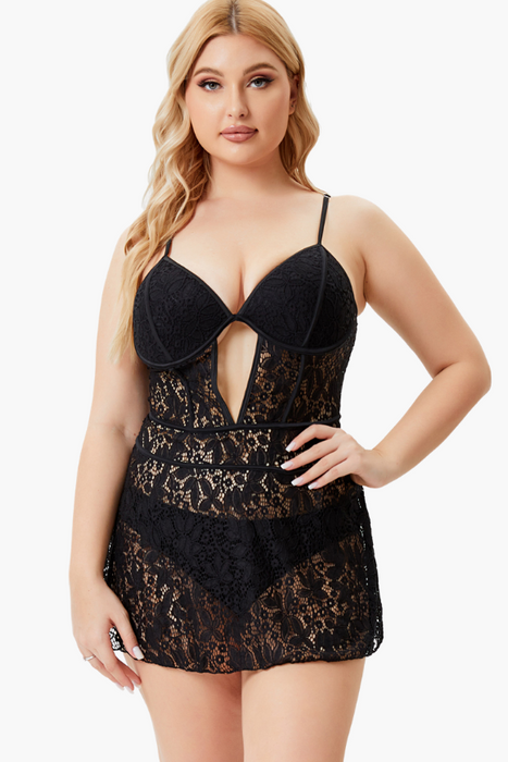 Babydoll Style Black Lace Top Two Piece Plus Size Swimsuit