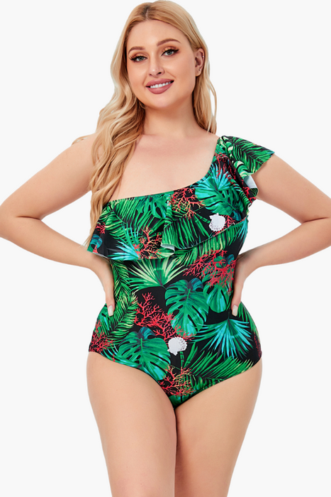 Ruffle One Shoulder Two Piece Plus Size Swimsuit