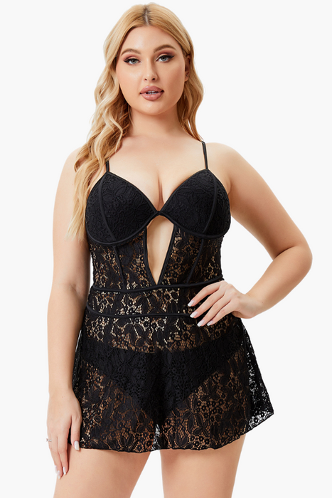 Babydoll Style Black Lace Top Two Piece Plus Size Swimsuit
